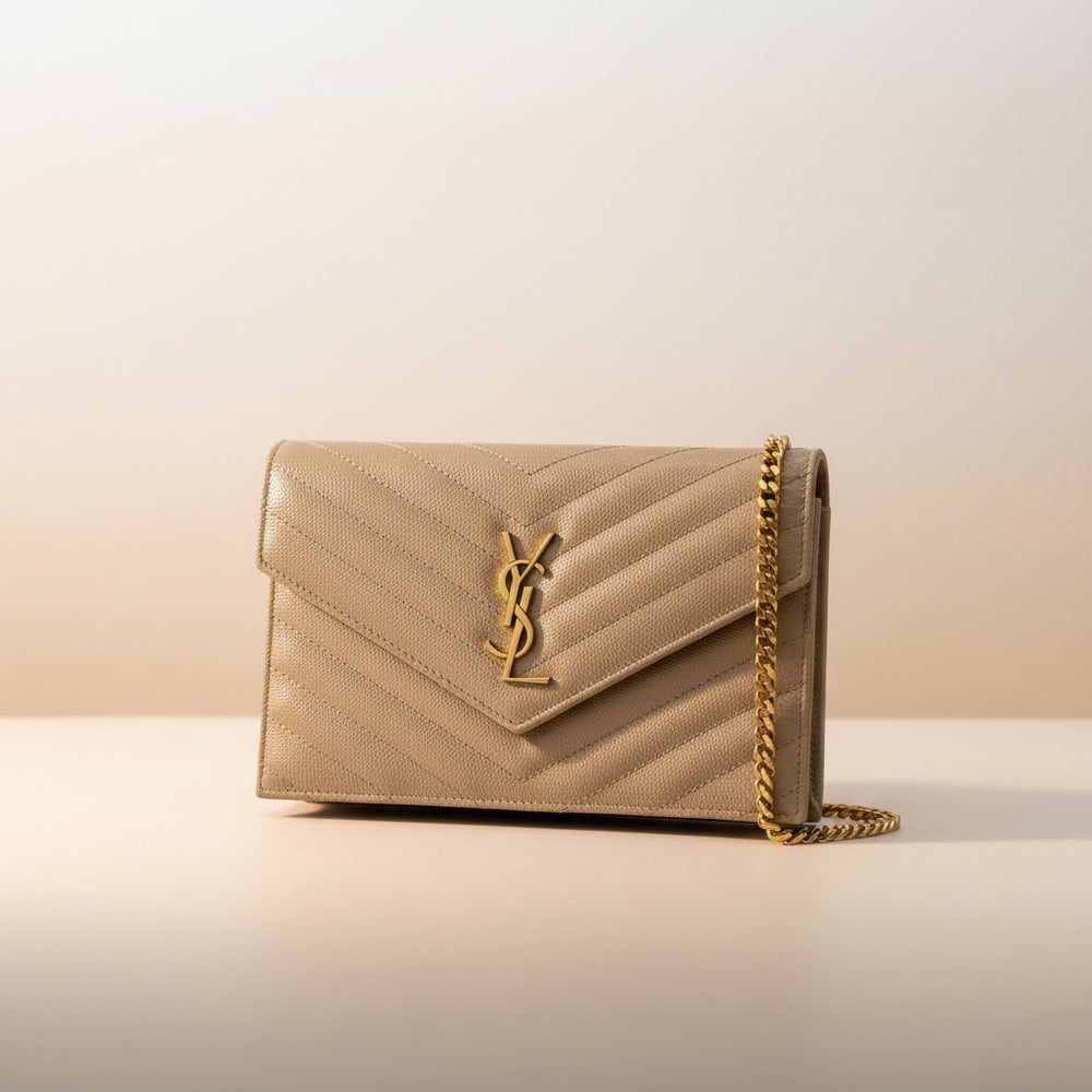 Saint Laurent Envelope chain wallet bag in quilted grained leather with YSL monogram and removable chain strap