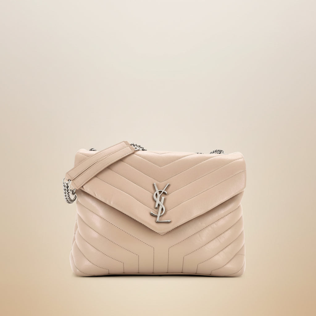 Saint Laurent Loulou medium shoulder bag in beige quilted leather with gold YSL monogram, front view
