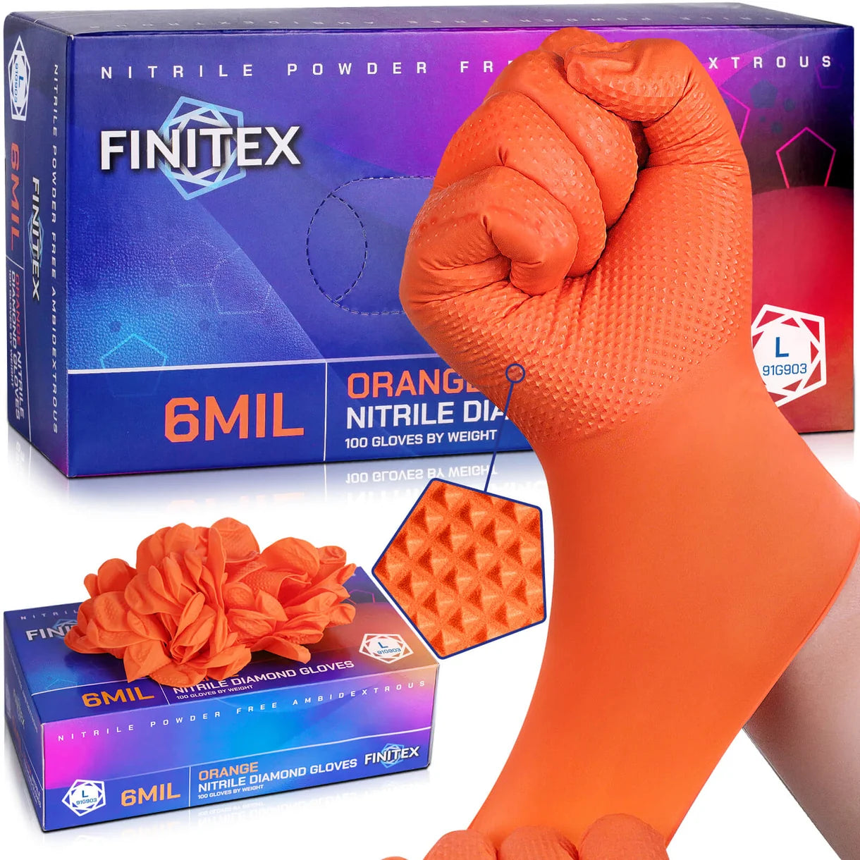 FINITEX Black Nitrile Gloves 6.3 Mil — Diamond Texture, Box of 100