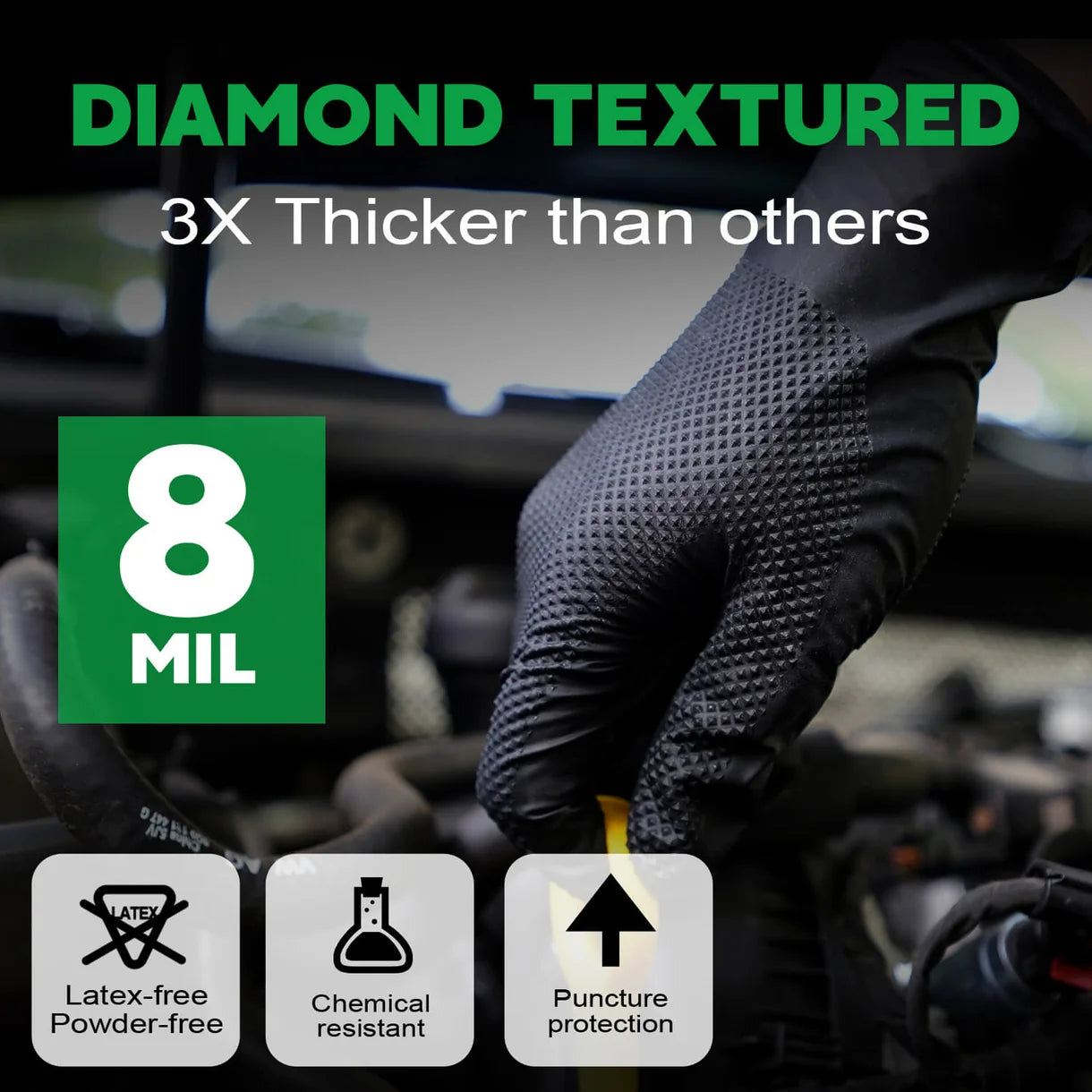 FINITEX 8 Mil Diamond Textured Black Industrial Nitrile Gloves — Box of 100