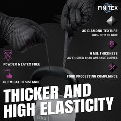 FINITEX Black Nitrile Gloves 6.3 Mil — Diamond Texture, Box of 100