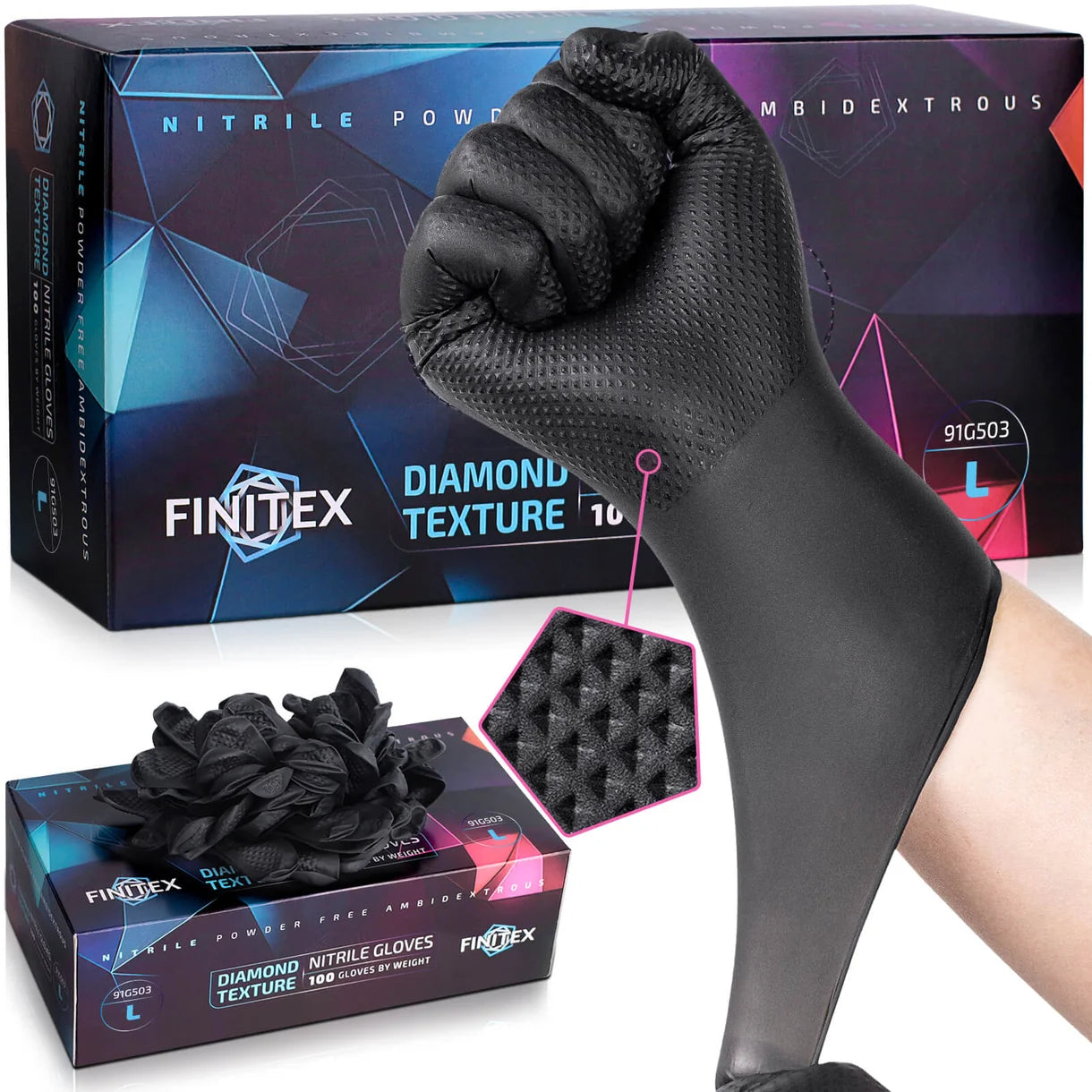 FINITEX black nitrile gloves 6.3 mil with 3D diamond texture, box of 100