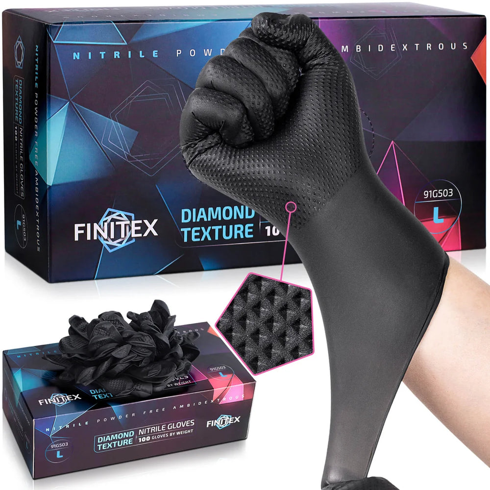 FINITEX black nitrile gloves 6.3 mil with 3D diamond texture, box of 100