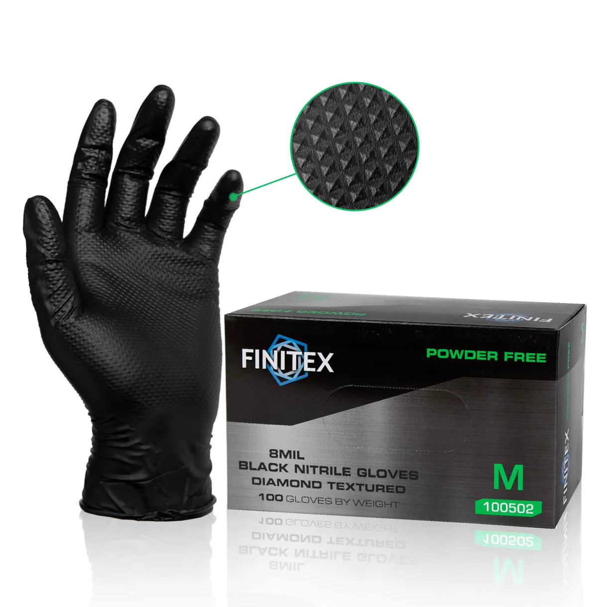 FINITEX 8 mil black industrial nitrile gloves with 3D diamond texture, box of 100