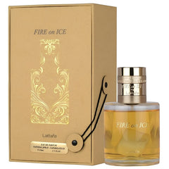 Lattafa Fire On Ice Eau de Parfum 110ml bottle with frosted ice cube design