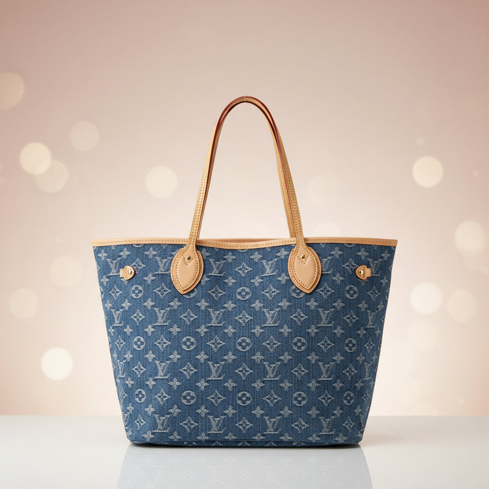 Louis Vuitton Neo Neverfull MM tote in blue Monogram denim with leather trim, front view
