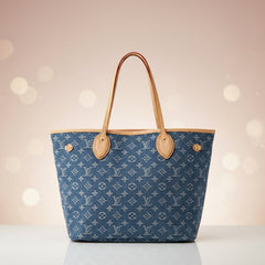 Louis Vuitton Neo Neverfull MM tote in blue Monogram denim with leather trim, front view