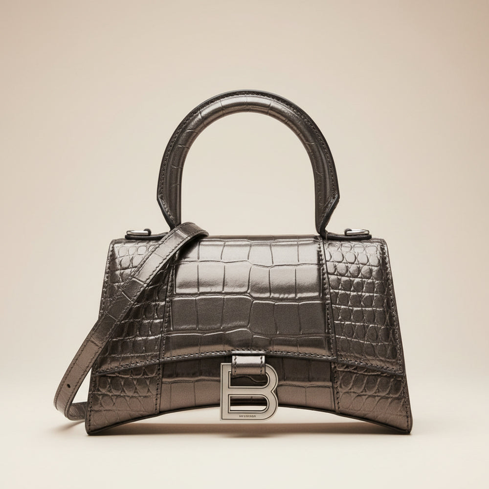 Balenciaga Hourglass XS top handle bag in croc-embossed leather with B logo buckle and detachable shoulder strap