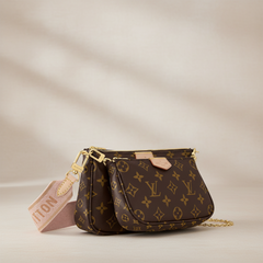 Louis Vuitton Multi Pochette Accessoires in Monogram canvas with three pouches, logo webbing strap and gold chain