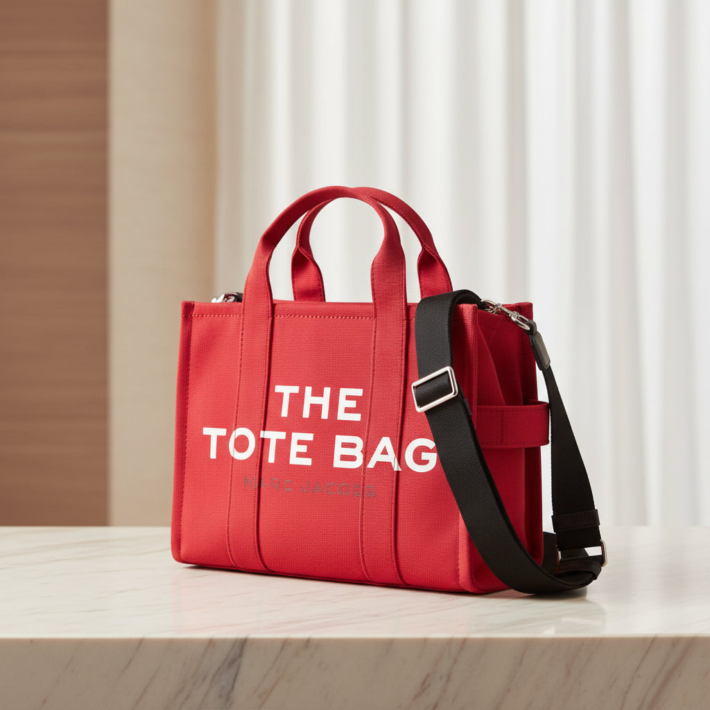 Marc Jacobs The Large Tote Bag in cotton canvas with logo print, front view